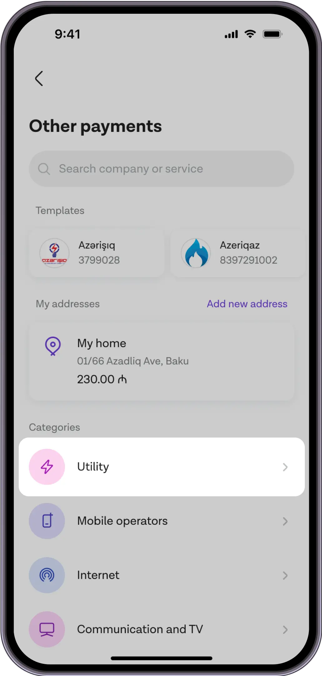 Add an address or select a category